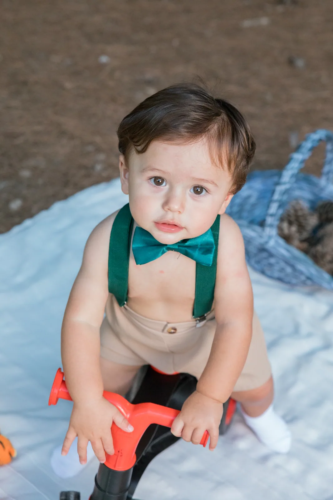 baby in green bow tie on picnic blanket malta