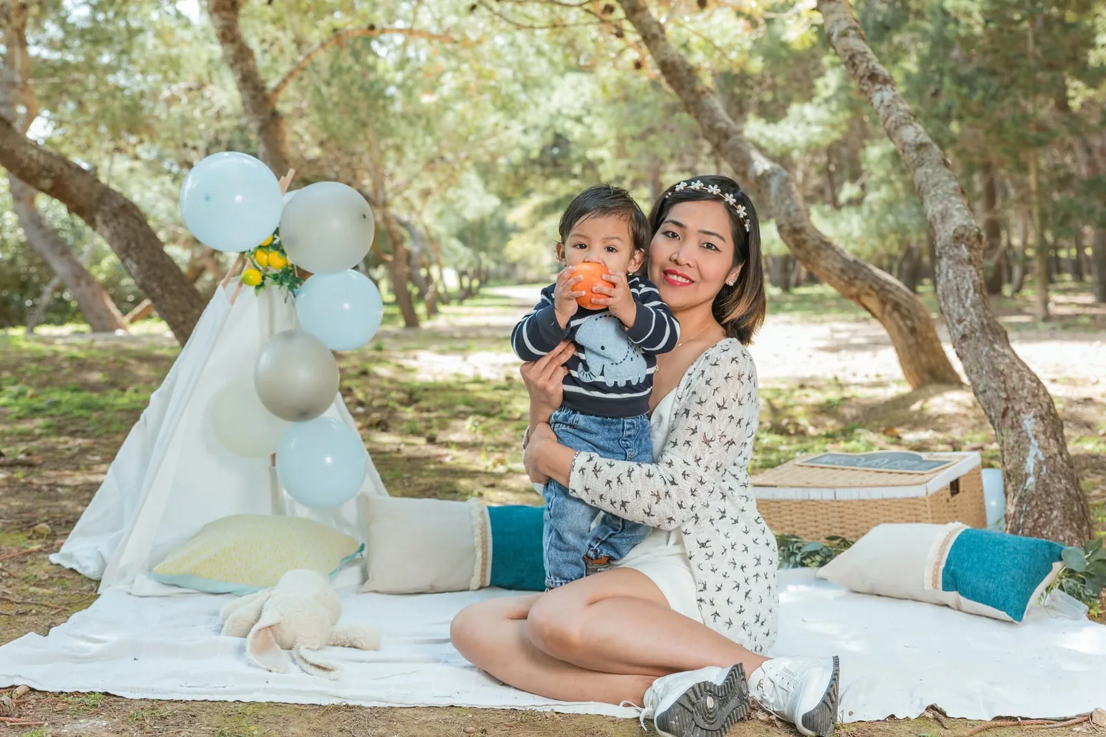 mother and baby at woodland birthday setup malta