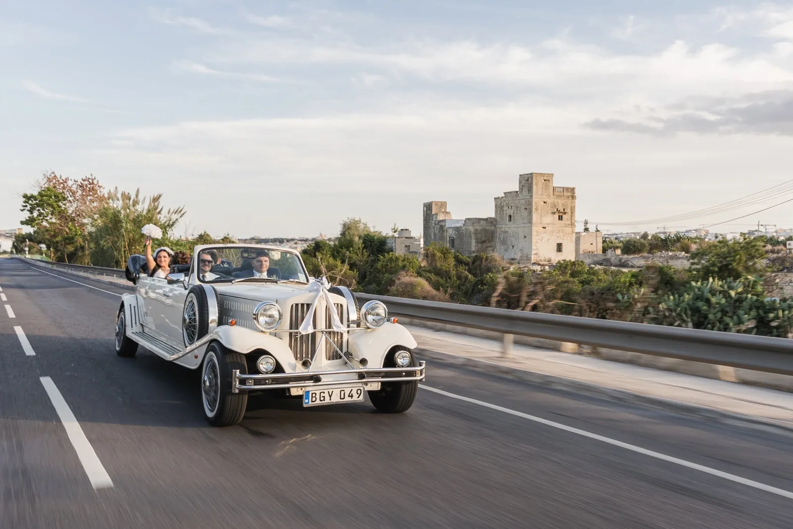 vintage convertible wedding car on road malta